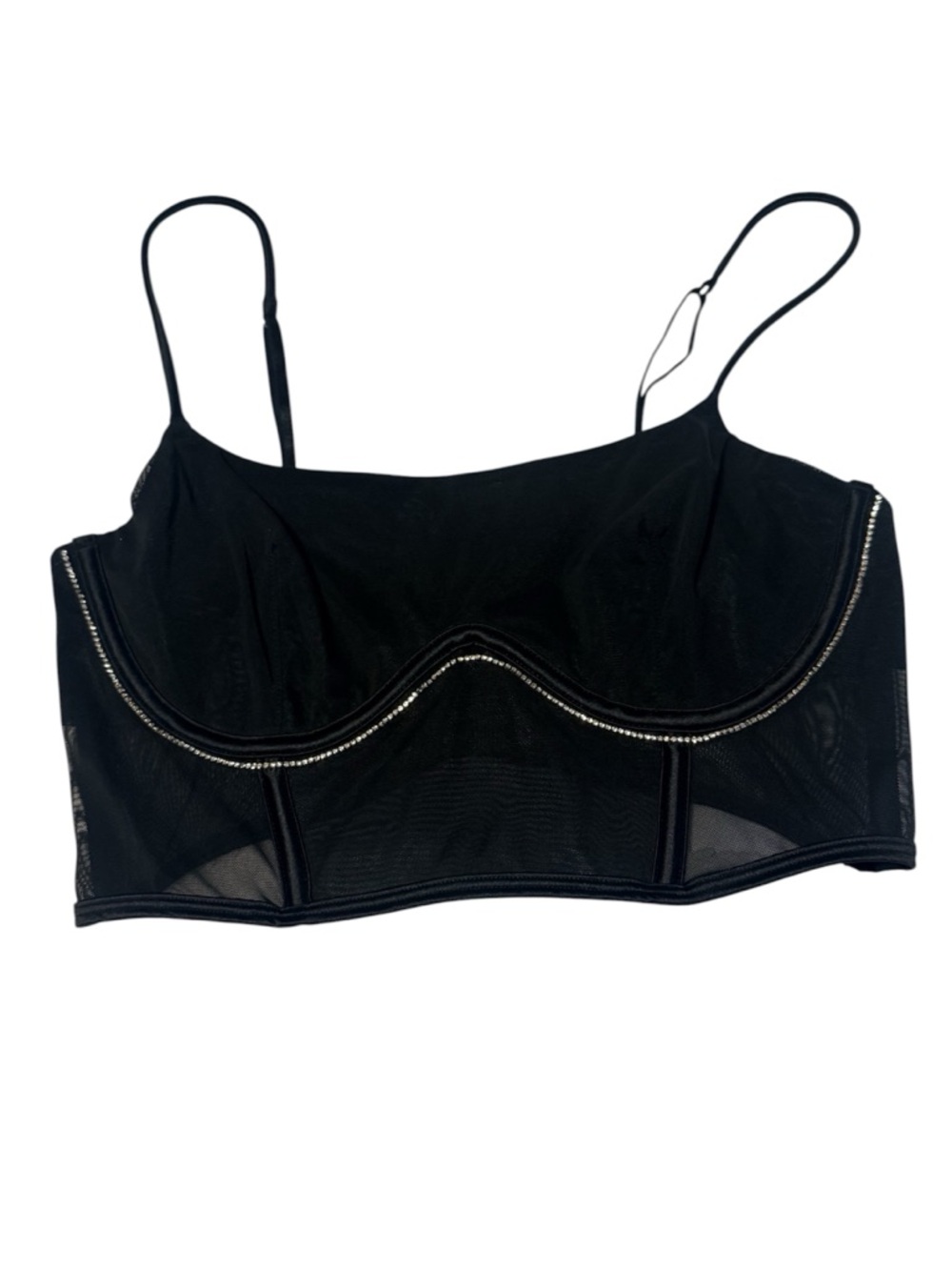 Auden Black Mesh Longline Bralette with Rhinestone Trim. Size M